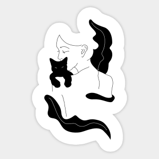 Girl with Black Cat and Plants / Line Art Sticker